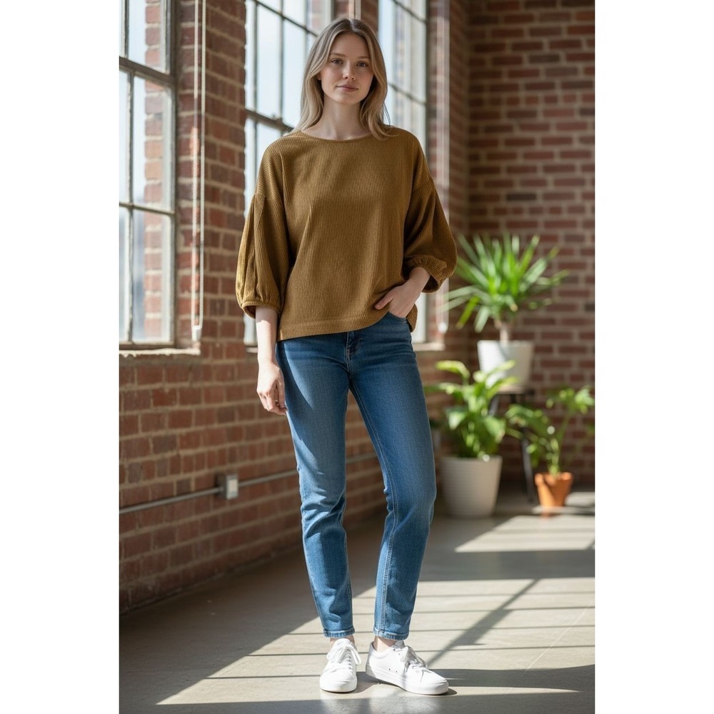 Eve Gravel Light‎ Brown Corduroy 3/4 Sleeve Shirt CLEAN Small